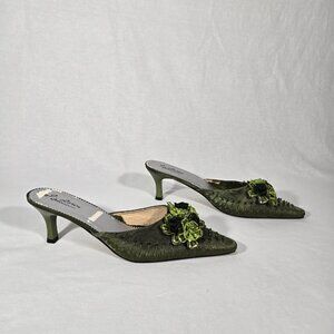 Vintage Y2K Hipster Fairy Hunter Green Floral Beaded Pointed Toe Mules Size 11M.